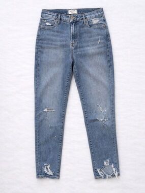 AGOLDE Sophie Crop High Rise Distressed Hem Mom Ankle Jeans Size 28  Medium Wash